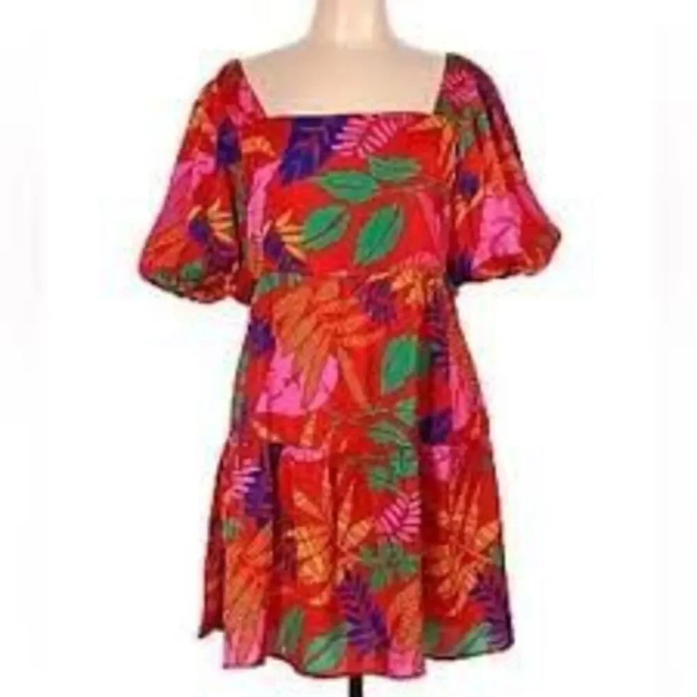 Skies Are Blue S Square Neck Swing Dress Orange Tropical Leaf Floral Puff Sleeve